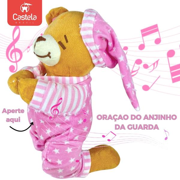 Imagem de Ursinho de Pelúcia Fofinho Reza Oração Dormir Pijama Anjinho Da Guarda Rosa Castela