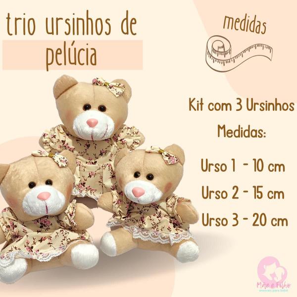 Imagem de Urso de Pelucia Trio Princesa Principe Floral Para Nicho Decoração com Laço Menino Menina - Mãe e Filho