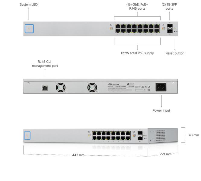 Imagem de Us-16-150w-br unifi switch 16p poe rj45 + 2p sfp