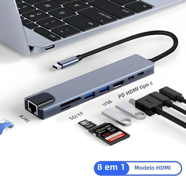 Imagem de USB C HUB 8 Em 1 4K Thunderbolt 3 Docking Station Tipo C Splitter RJ45 HDMI Para MacBook Air M1 iPad