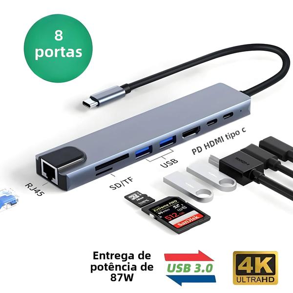 Imagem de USB C HUB 8 Em 1 4K Thunderbolt 3 Docking Station Tipo C Splitter RJ45 HDMI Para MacBook Air M1 iPad