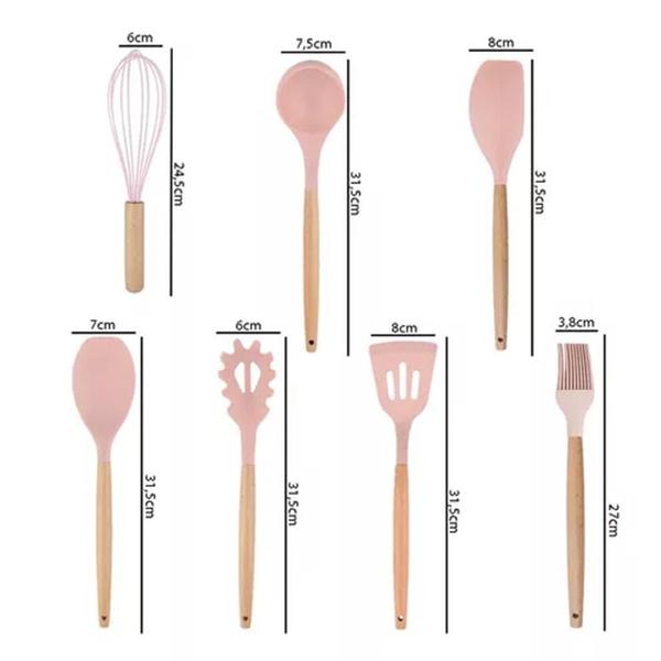 Imagem de Utensílio Para Cozinha 1Pç Silicone Cabo Madeira Rose Colher