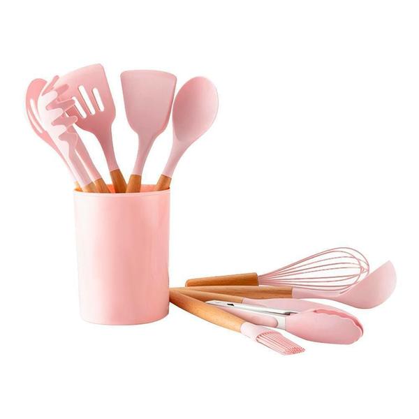 Imagem de Utensílios Cozinha Silicone Madeira 12 Peças Até 230º Rosa