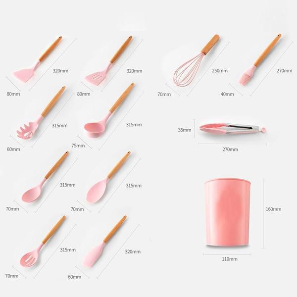 Imagem de Utensílios Cozinha Silicone Madeira 12 Peças Até 230º Rosa