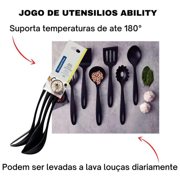 Imagem de Utensílios de Cozinha Concha Colher Espátula Nylon Tramontina Preto Ability 4 Peças