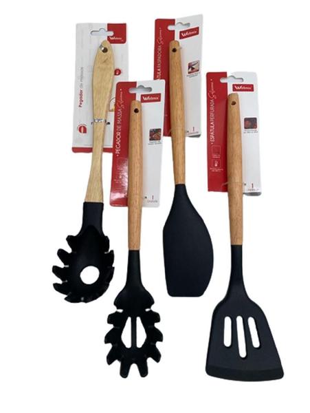 Imagem de Utensílios De Cozinha De Silicone Cabo Madeira Kit 10 Peças