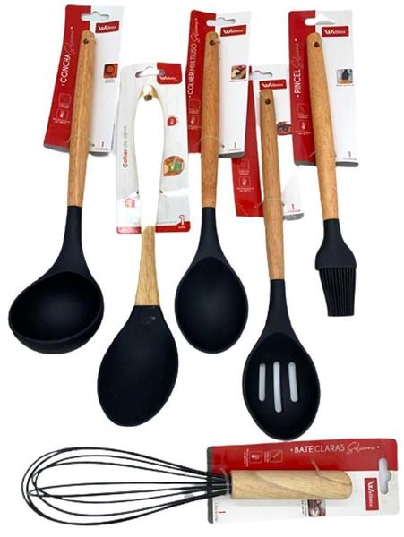 Imagem de Utensílios De Cozinha De Silicone Cabo Madeira Kit 10 Peças