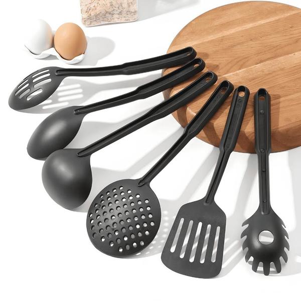 Imagem de Utensílios De Cozinha Preto Kit De Colher De Plástico Conjunto De Utensilios Jogo 6 Peças Casa