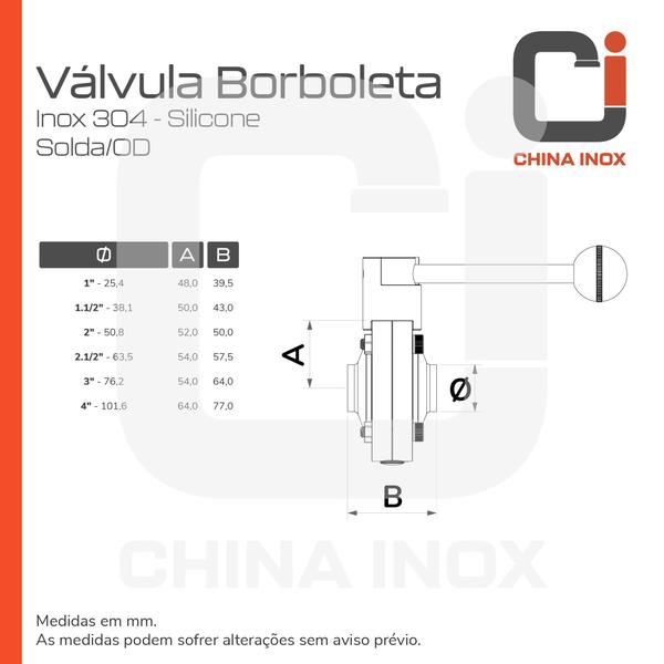 Imagem de Válvula borboleta inox 304/silicone solda od c/ alavanca pino trava  1''