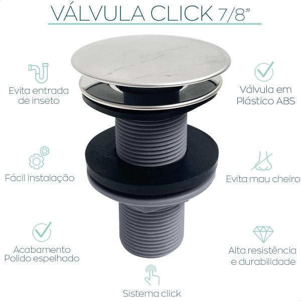 Imagem de Valvula Click 7/8 30mm Tampa Aço Inox Ralo de Pia Banheiro Lavabo Tampa Inox Polido Brilhoso Ralo ABS Valvula de Escoamento Cuba Lavatorio