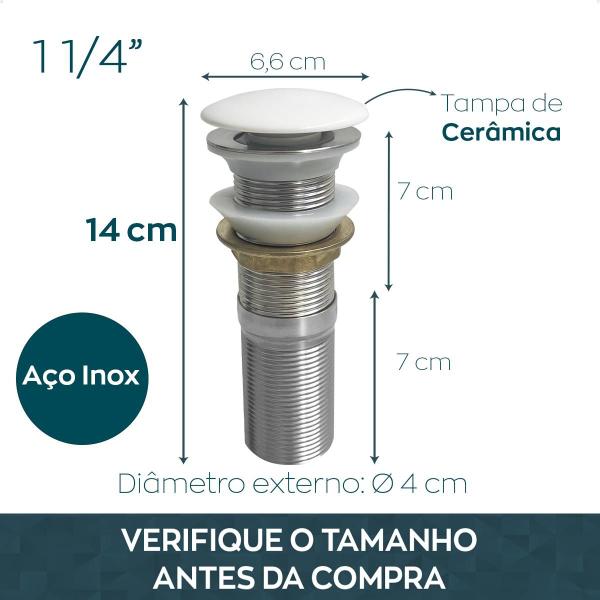 Imagem de Valvula click branca Longa Com Prolongador 14cm para Cuba De Apoio e Sobrepor 1 1/4 Ralo Pia Banheiro Ceramica Escoamento Bancada Pia Marmore Granito