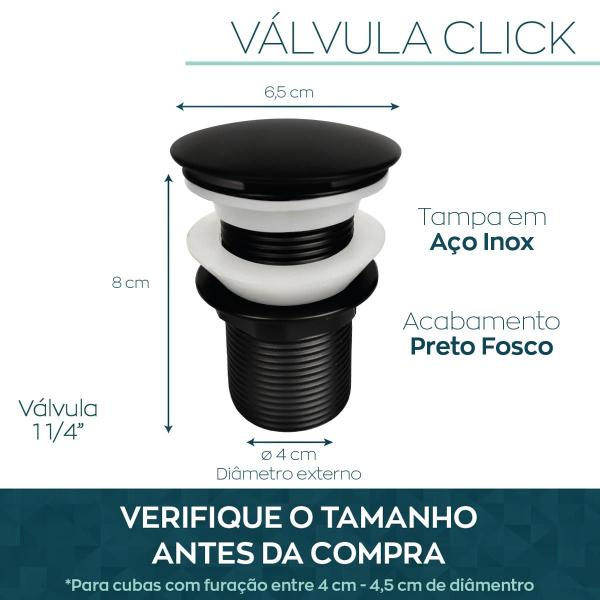 Imagem de Valvula Click Lavatorio Preta 1 1/4 Inox 40mm Pia Banheiro Ralo de Pia Preto Fosco Escoamento Cuba Lavabo 4cm Ralo Click Black Aço Inox 