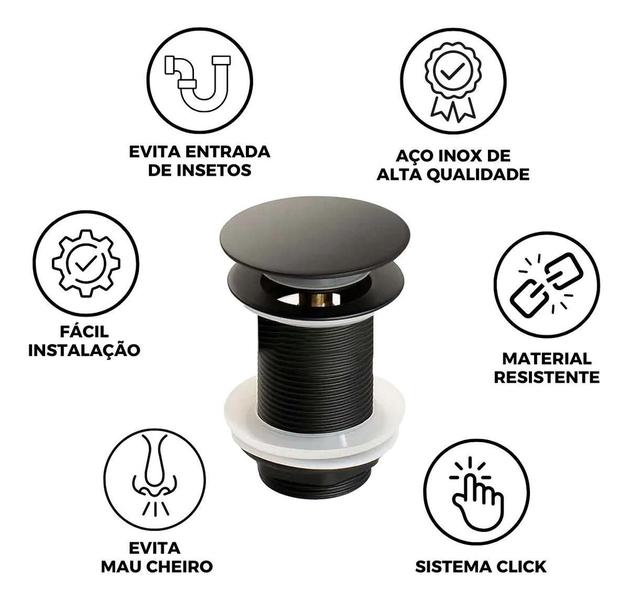 Imagem de Válvula Click Luxo Inox 304 Preta Cuba Banheiro 7/8