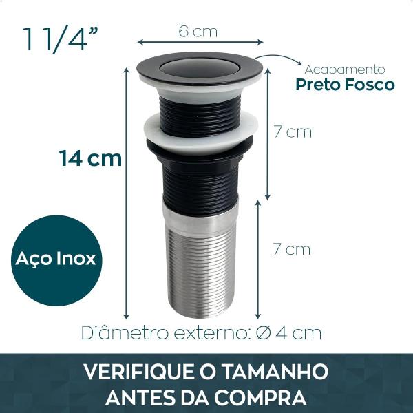 Imagem de Valvula Click Preta 1 1/4 E Prolongador Inox Pia Banheiro Cuba de Apoio Sobrepor Ralo Pia Lavatorio Valvula Longa 14cm Tampa Pequena Kit Lavabo