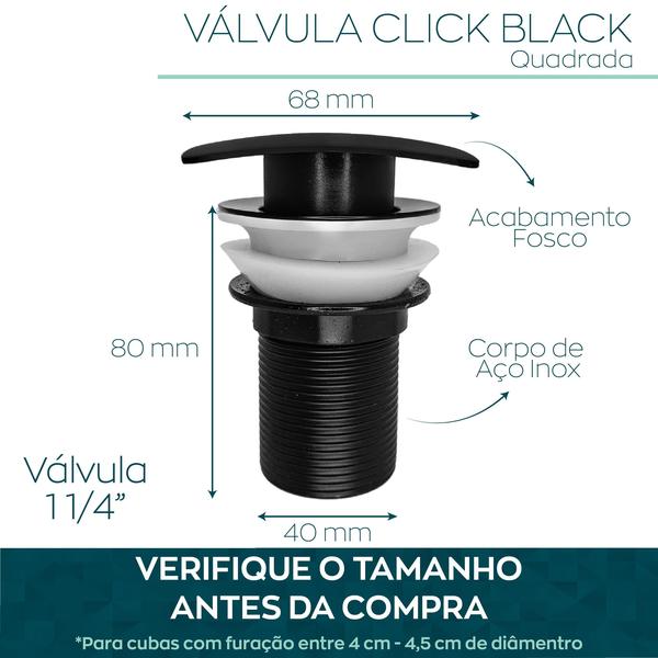 Imagem de Valvula Click Quadrada Preta 1 1/4 Ralo Pia Louça Cuba Banheiro Inox Preto Fosco Valvula para Lavatorio Escoamento Cuba Lavabo 40mm Ralo Click Black