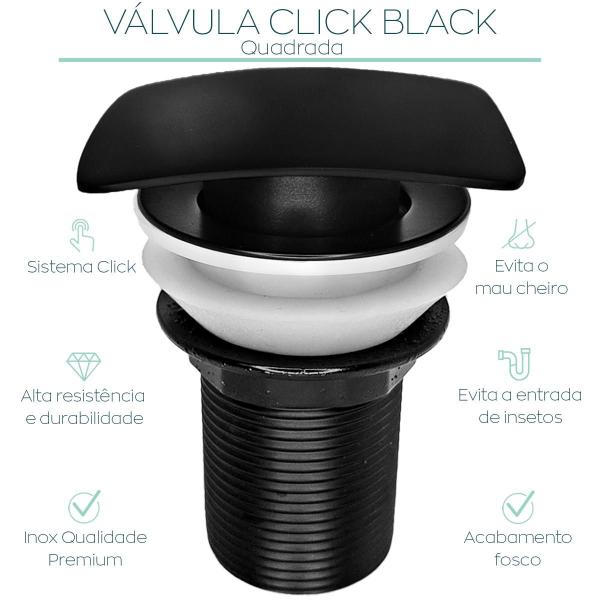 Imagem de Valvula Click Quadrada Preta 1 1/4 Ralo Pia Louça Cuba Banheiro Inox Preto Fosco Valvula para Lavatorio Escoamento Cuba Lavabo 40mm Ralo Click Black