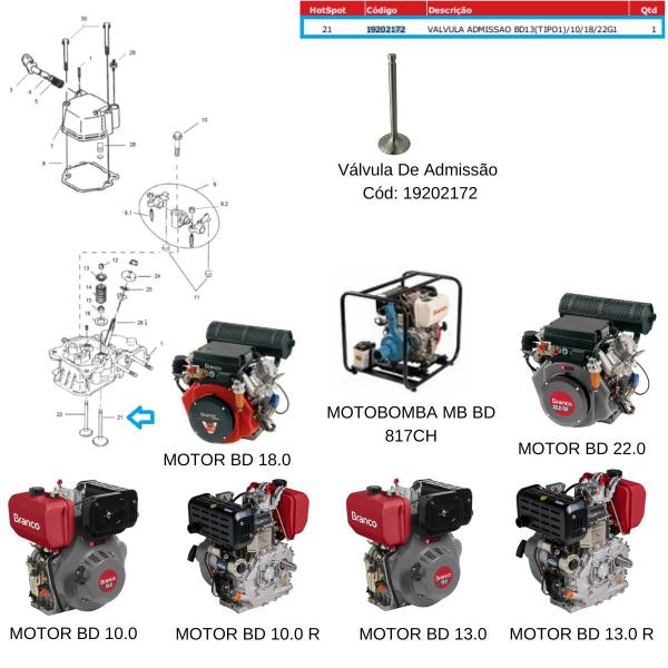 Imagem de Válvula De Admissão P/ Motor Branco á Diesel 22.0hp