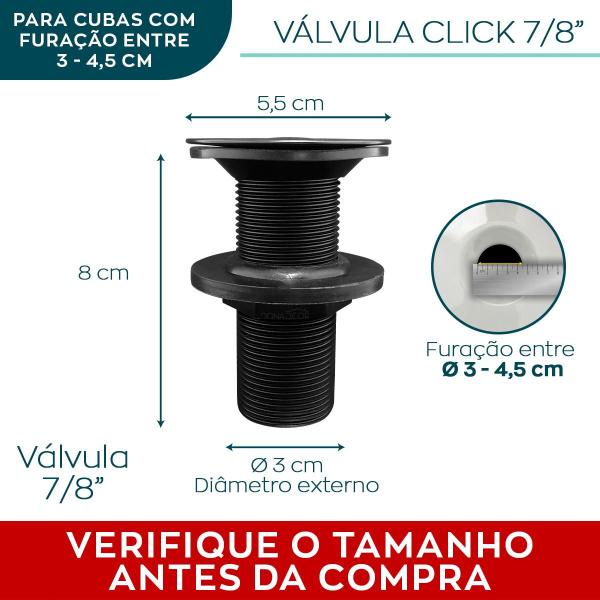 Imagem de Valvula De Banheiro Preta 7/8 Aço Inox Tampa Pequena Escoamento Valvula Click 30mm Preto Fosco Cuba Ralo Click Lavabo Lavatorio Pia 