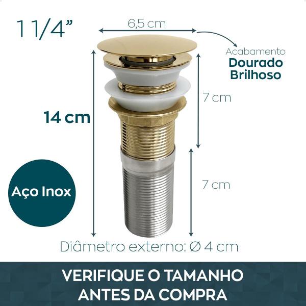 Imagem de Valvula dourada ralo pia Longa Com Prolongador 1 1/4 Inox Para Cuba De Apoio sobrepor 40mm Escoamento Valvula Click Lavatório extensor bancada Granito