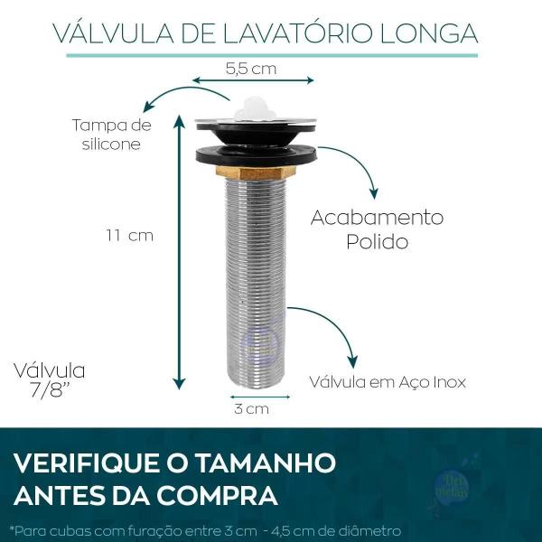 Imagem de Válvula Escoamento Lavatório Longa Metal, 11cm Para Cuba Del Metais