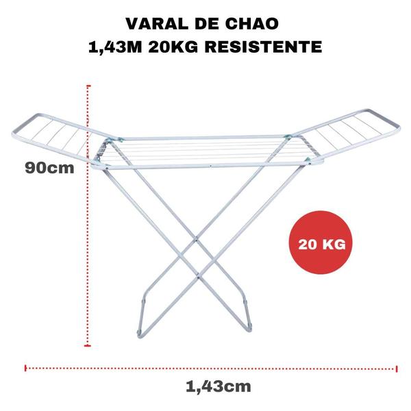 Imagem de Varal De Chao Aluminio Secar Roupas Lavanderia Apartamento 1,43m Dobrável Retrátil 20kg c/ Abas Mor