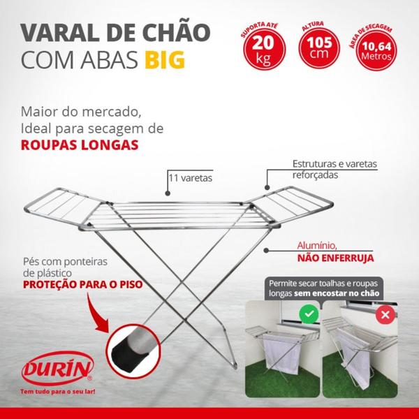 Imagem de Varal De Chão Com Abas Roupas Alumínio De Tamanho 143x53x105 Durín