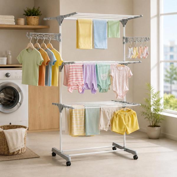 Varal de Chão Dobrável 3 Andares 30kg com Rodinhas 360 Suporte 10 Cabides Apartamento Lavanderia - Vari Tudo