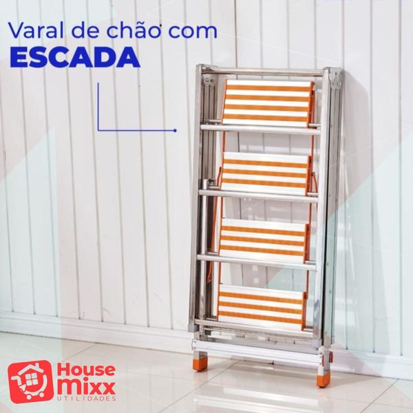 Imagem de Varal de Chão Grande com Escada 100% Aço Inox Portátil Reforçado Leve Retrátil Casa Apartamento