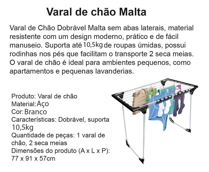 Imagem de Varal de Chão Grande Malta Aço Branco 90cm 10kg Secalux