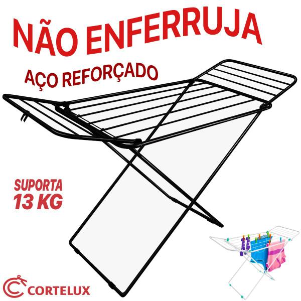 Imagem de Varal de Chão Reforçado Aço Não Enferruja com Abas 13kg Dobrável Retrátil Miami Branco ou Preto