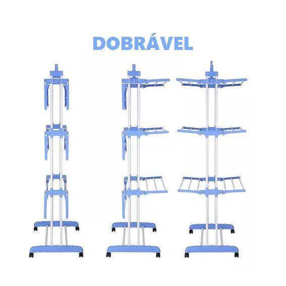 Imagem de Varal de Chão Roupas 3 Andares Dobrável Inox com Rodinhas