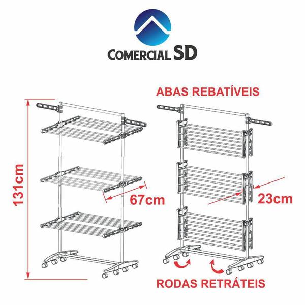 Imagem de Varal De Chão Vertical 131X67 Em Alumínio Retrátil 3 Andares