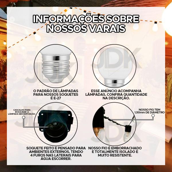 Imagem de Varal de Luzes 10M Com Lampadas clara 15w para Decoração em área externa Cordão de Iluminação de casamento noivado eventos ou quintal jardim