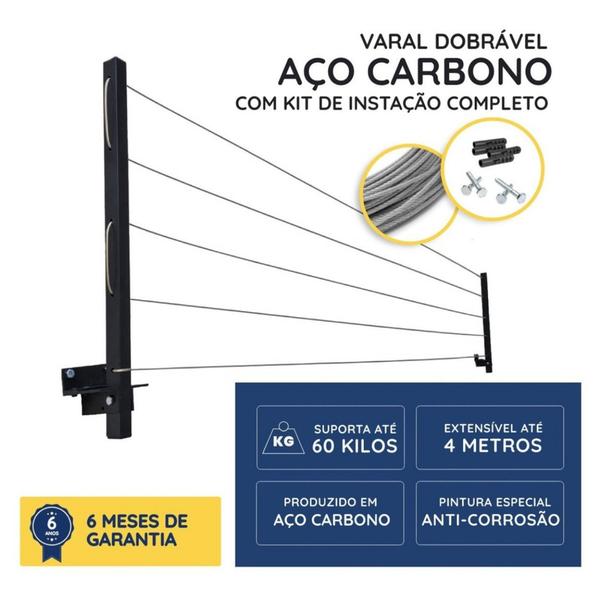 Imagem de Varal De Parede Articulado 20 Metros De corda e Suporta 60Kg Pintura Eletrostática