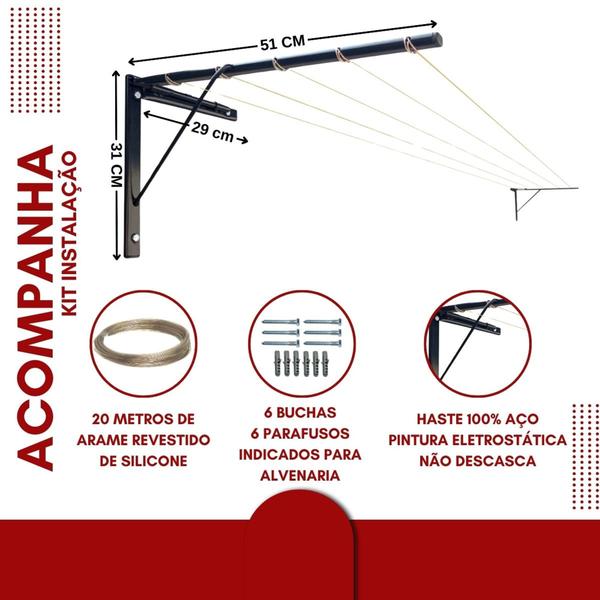 Imagem de Varal de parede reforçado retrátil suporta até 50kg.