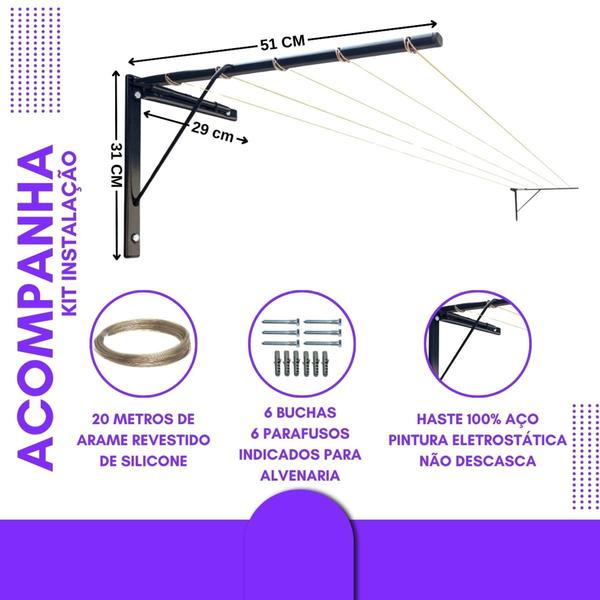 Imagem de Varal de parede reforçado retrátil suporta ate 50kg.