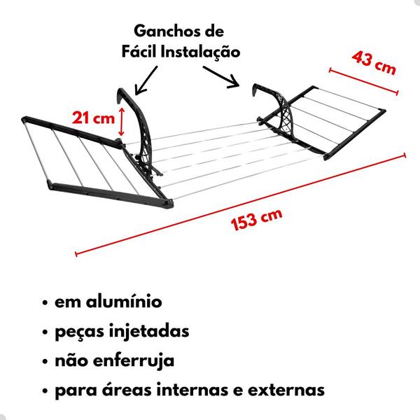 Imagem de Varal de Roupa Suspenso Com Abas de Aluminio para Apartamento Casa de Janela Sacada Muro