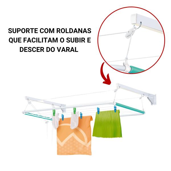 Imagem de Varal de teto com suporte fixo na parede solution 1,20 metro secalux