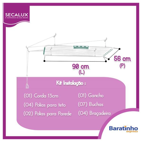Varal De Teto Para Roupas Mônaco 90 Cm Secalux Aço Branco Imagem de Varal De Teto Para Roupas Mônaco 90 Cm Secalux Aço Branco