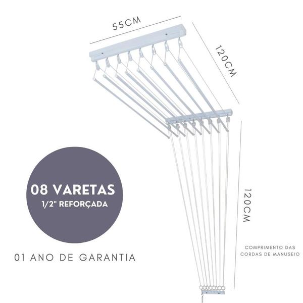 Imagem de Varal Individual De Teto 120cm x 08 Varetas - Em Alumínio Branco