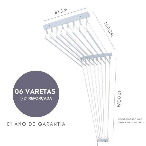 Imagem de Varal Individual De Teto 130cm x 06 Varetas - Em  Alumínio Branco