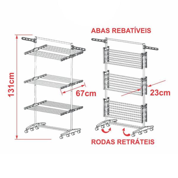 Imagem de Varal para secar roupas dobrável alumínio 3 andares