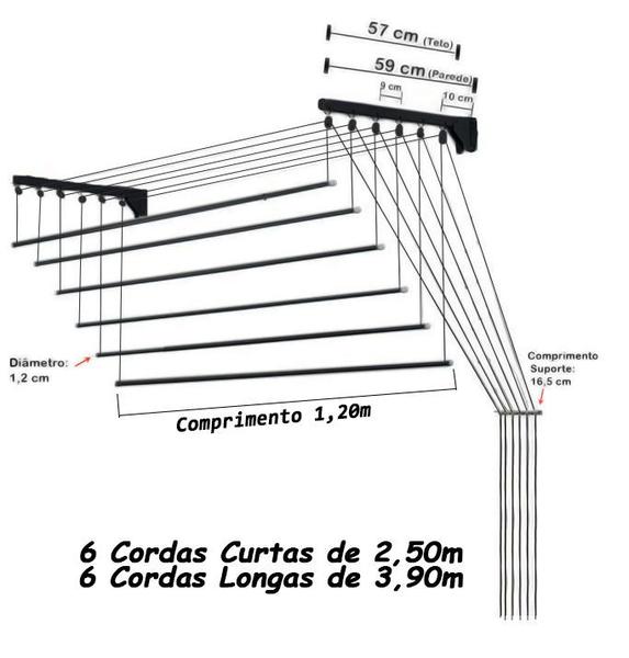 Imagem de Varal Parede Individual 6 Varetas Prático 1,20m Aço Teto