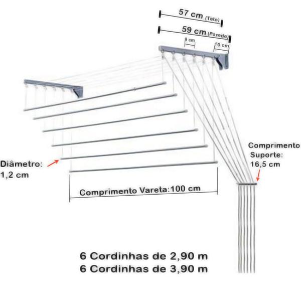 Imagem de Varal Prático 1,00m Independentes Teto Parede Alumínio 6 Var