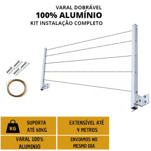 Imagem de Varal Reforçado Retrátil Parede Alumínio Branco Kit Completo