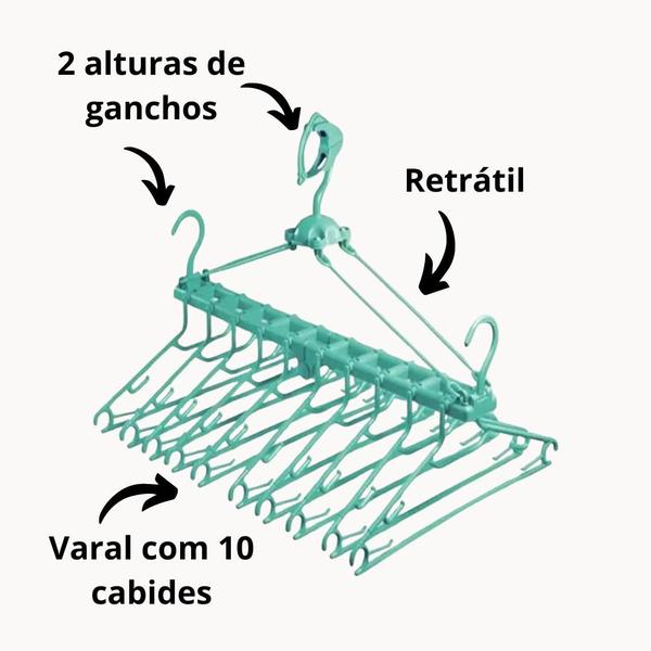 Imagem de Varal Retratil Com 10 Cabides Para Camisa Camiseta Dobravel Resistente