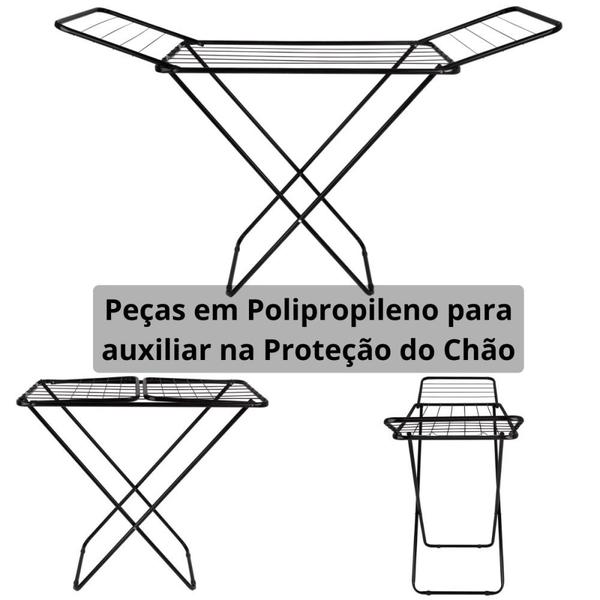 Imagem de Varal Retratil de Chao Preto 1,43 M com Abas Slim Portatil + Mini Varal Redondo + 24 Prendedores  Mor 