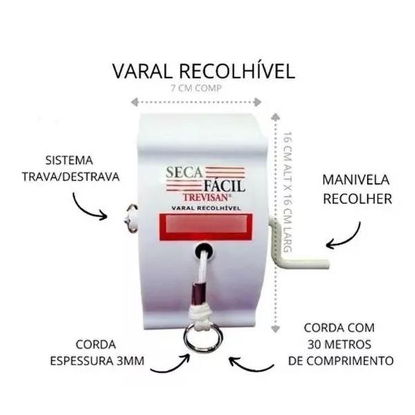 Imagem de Varal Retrátil Parede Recolhível Roupas Corda 30m Manivela