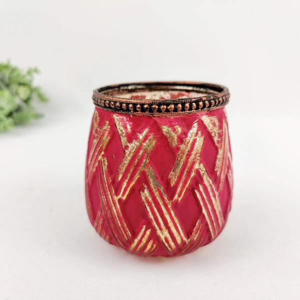 Imagem de Vasinho Castiçal Rosa 10X10Cm Trama Dourado Porta Vela Vaso