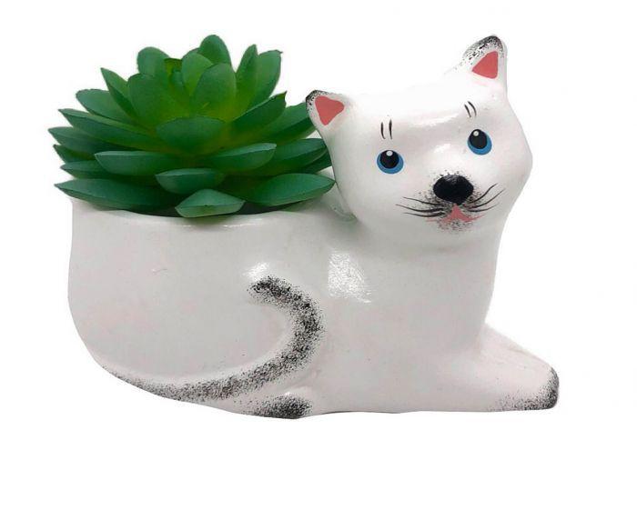 Imagem de Vasinho de Ceramica Cachepot Gato Deitado Branco Suculenta